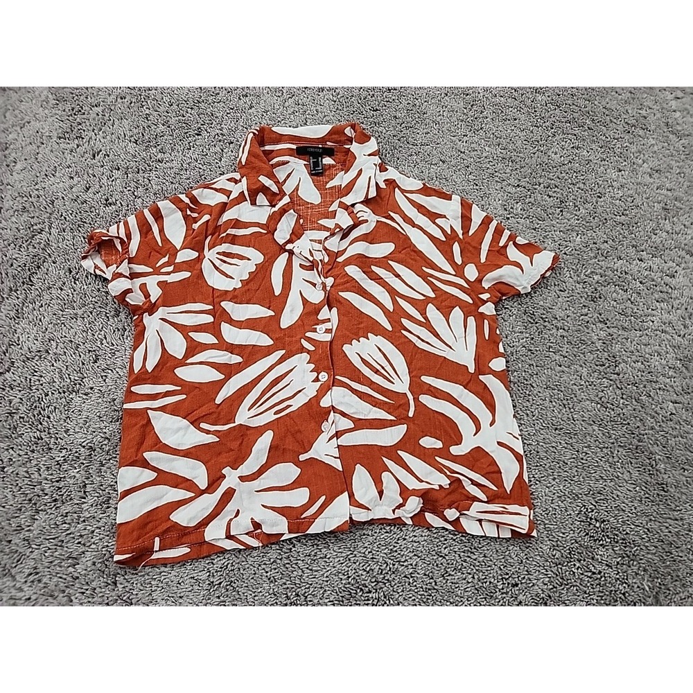 Forever 21 Button Up Shirt Womens XS Terracotta White Tropical Summer Oversized